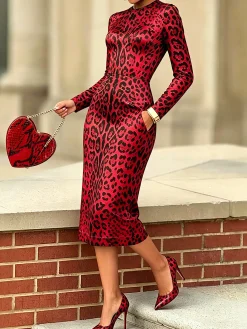 Elegant Leopard Printing Crew Neck Midi Dress
