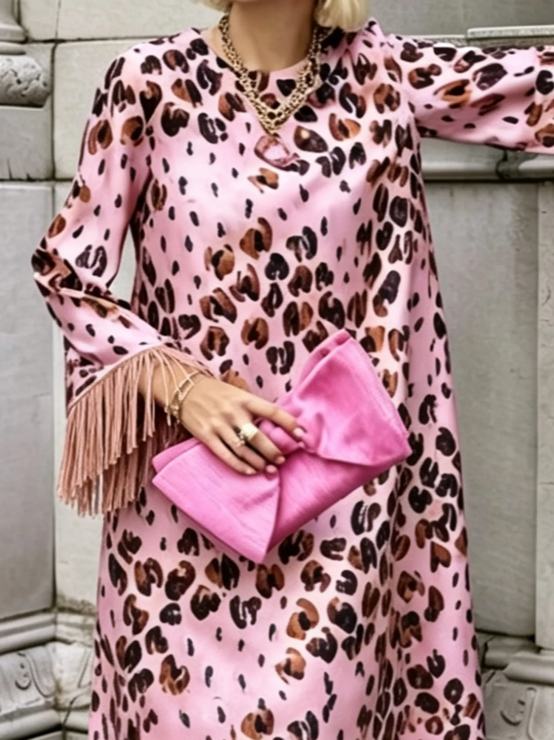 Elegant Leopard Printing Crew Neck Midi Dress