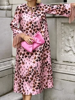 Elegant Leopard Printing Crew Neck Midi Dress