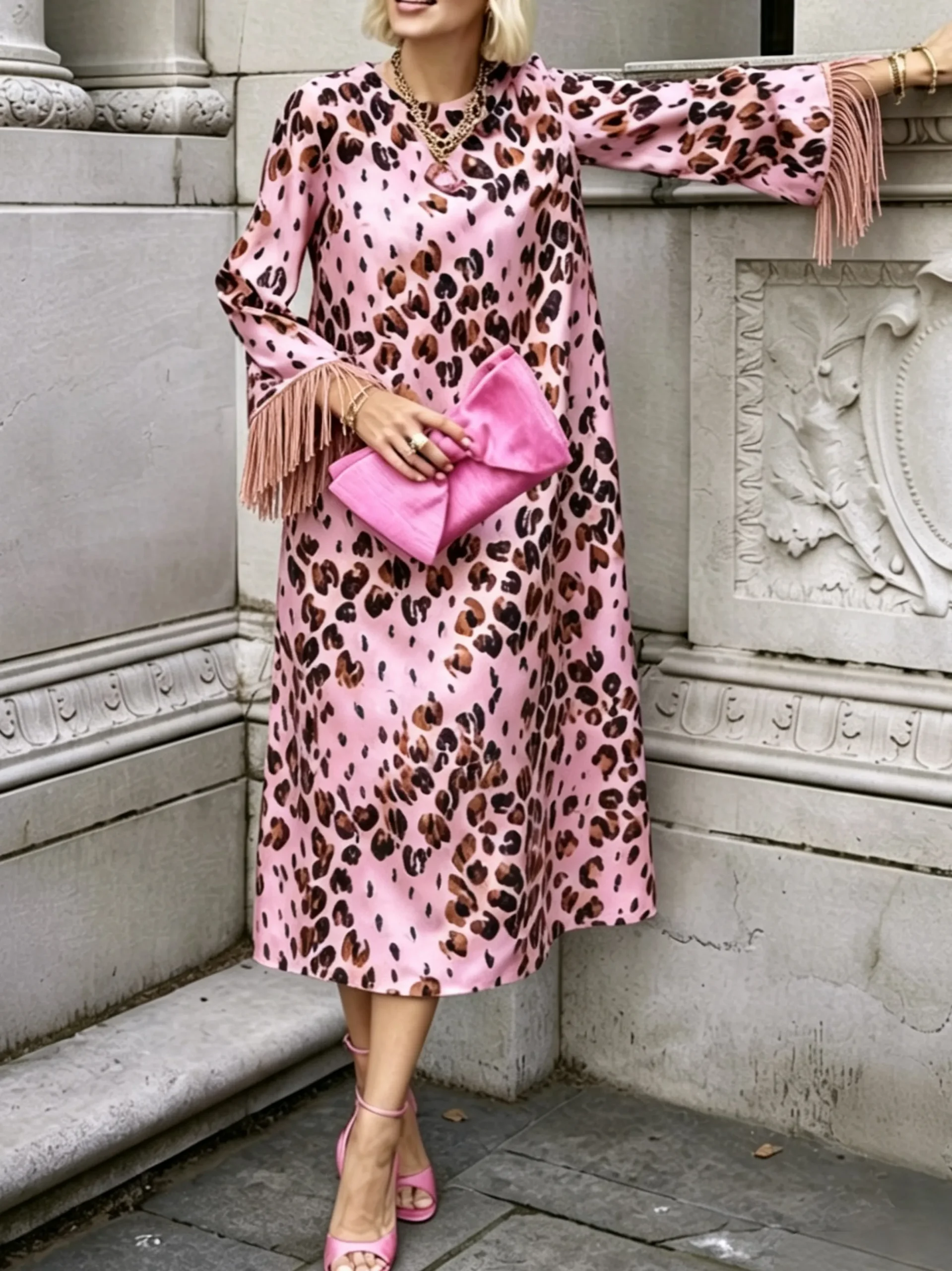 Elegant Leopard Printing Crew Neck Midi Dress