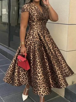 Elegant Leopard V Neck Maxi Dress