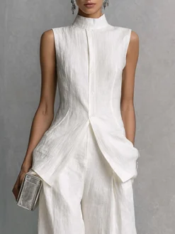 Elegant Linen Sleeveless Vest Stand Collar Asymmetrical Hem Office Wear