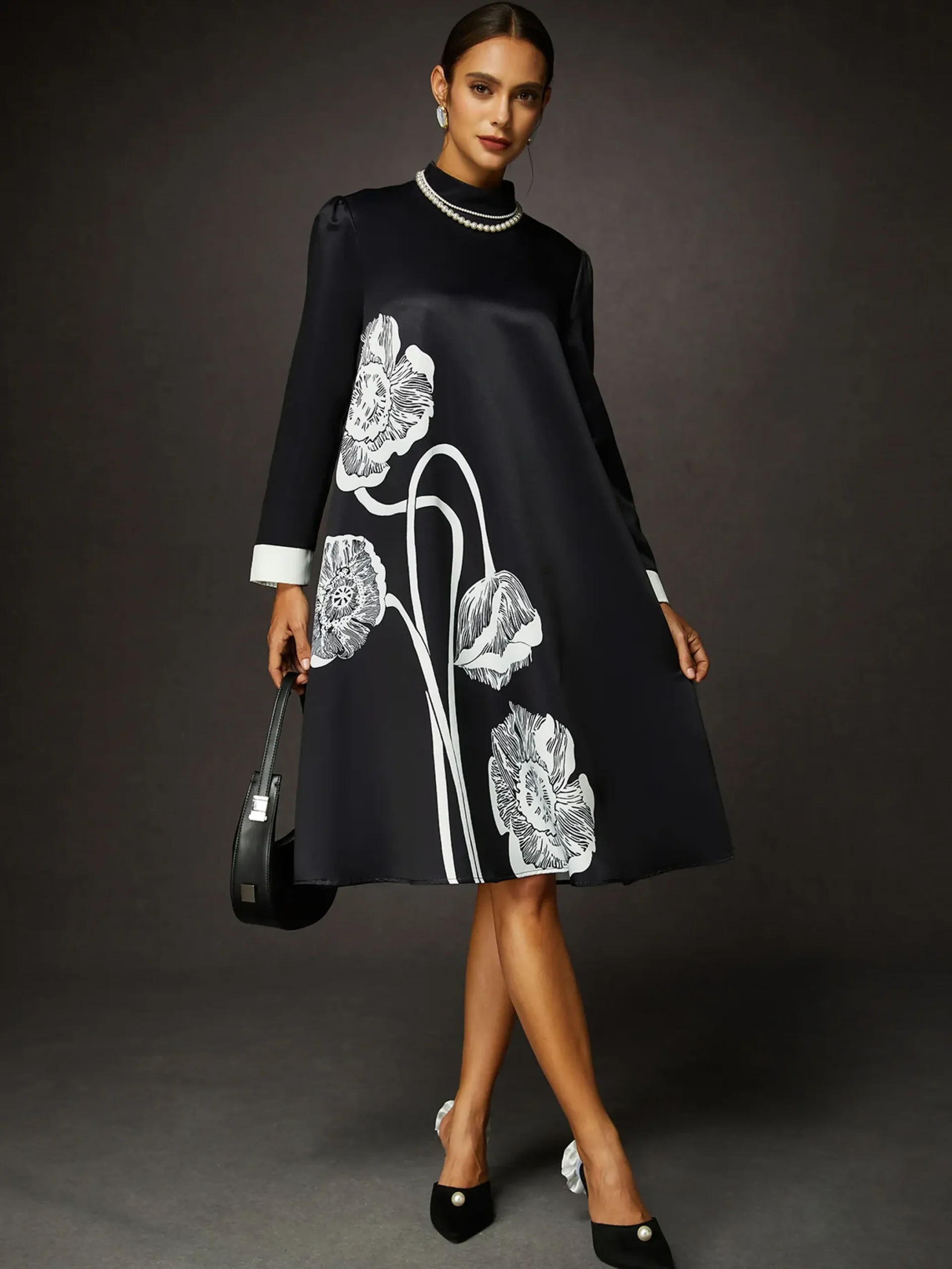 Elegant Loose Stand Collar Long Sleeve Floral Midi Dress