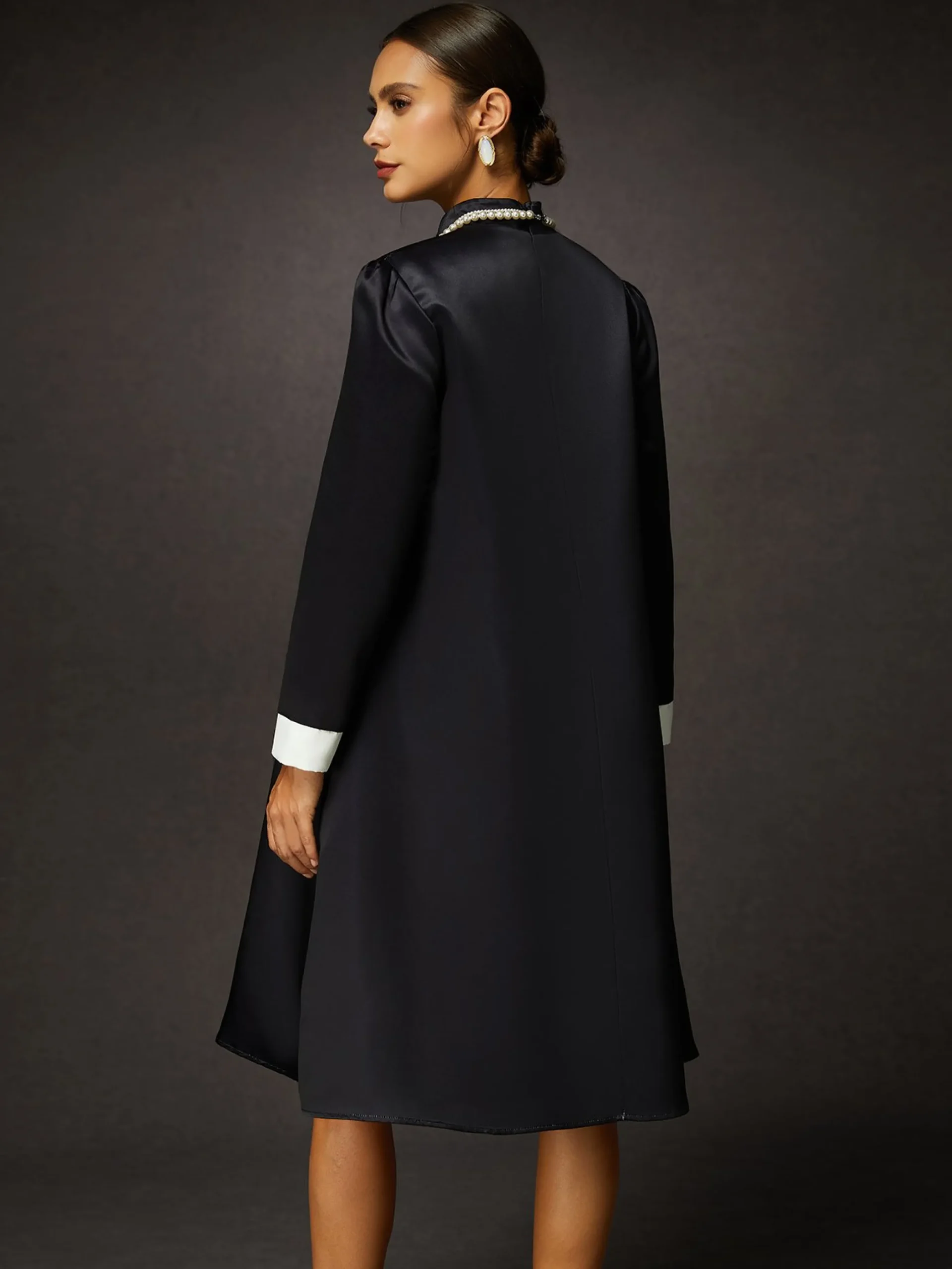 Elegant Loose Stand Collar Long Sleeve Floral Midi Dress