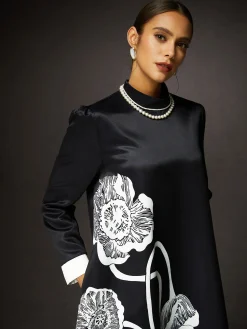Elegant Loose Stand Collar Long Sleeve Floral Midi Dress