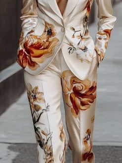 Elegant Luxury Satin Floral Straight-Leg Pants