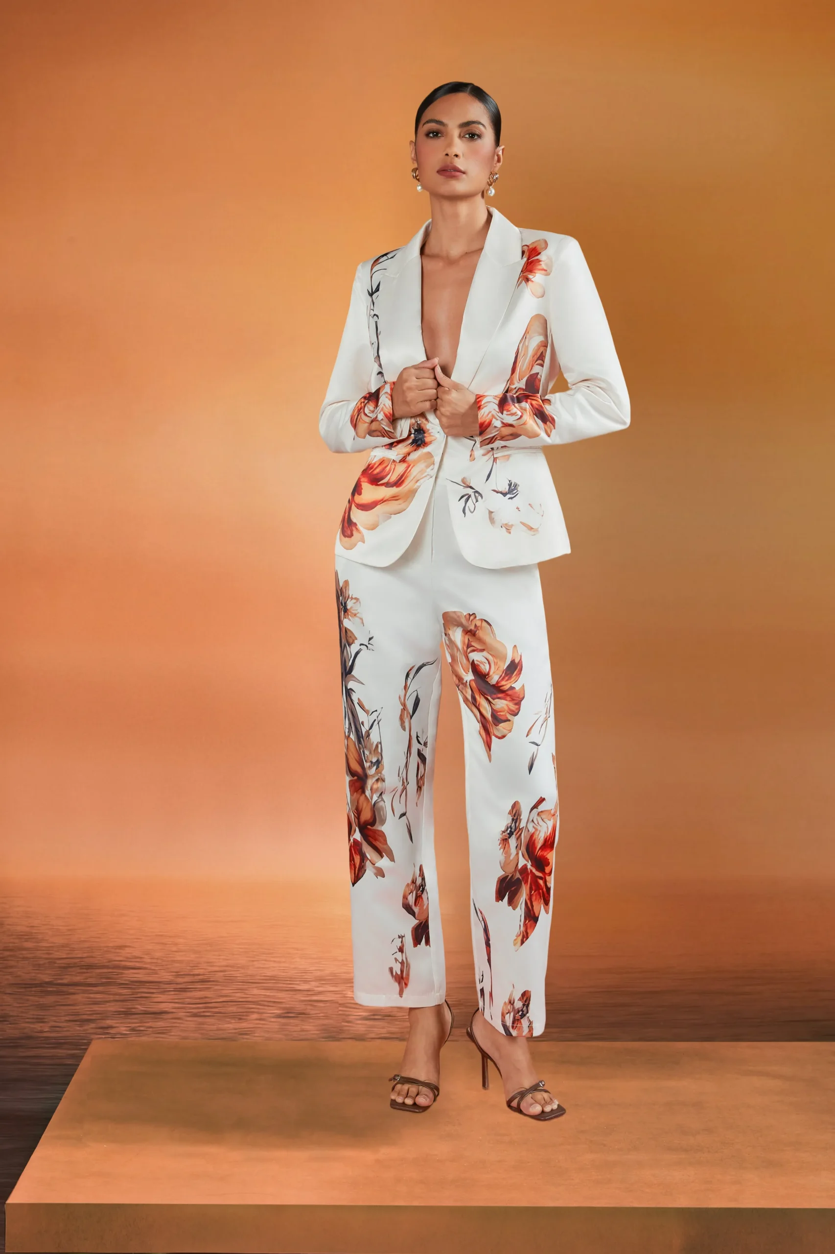 Elegant Luxury Satin Floral Straight-Leg Pants