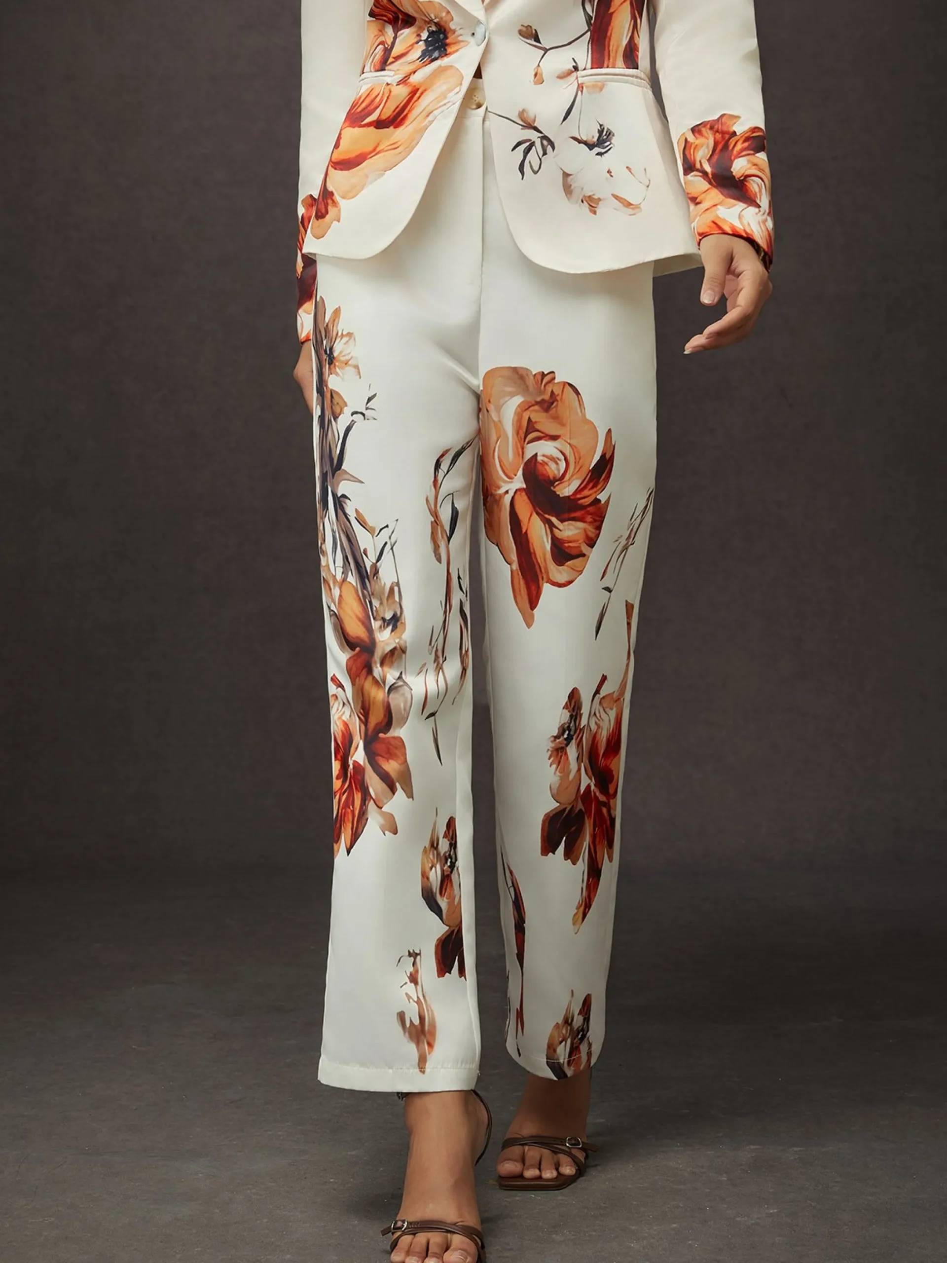 Elegant Luxury Satin Floral Straight-Leg Pants