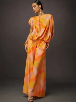 Elegant Ombre Printing Asymmetrical Raglan Sleeves Blouse
