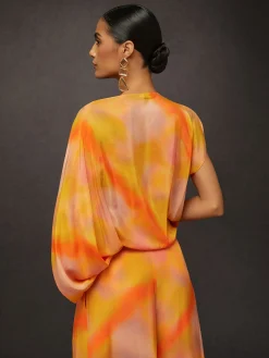 Elegant Ombre Printing Asymmetrical Raglan Sleeves Blouse
