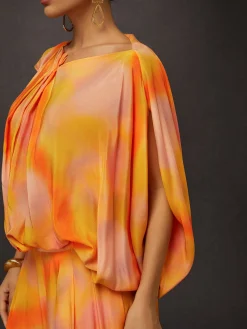 Elegant Ombre Printing Asymmetrical Raglan Sleeves Blouse