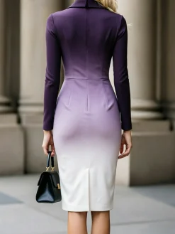 Elegant Ombre Shirt Collar Knee Length Dress