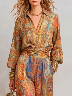 Elegant Paisley Blouse Puff Sleeve Shawl Collar Loose Vacation