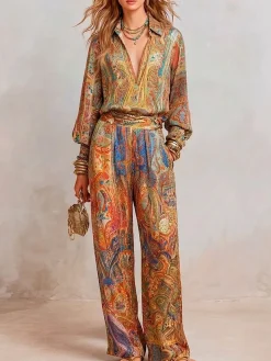 Elegant Paisley Blouse Puff Sleeve Shawl Collar Loose Vacation
