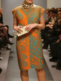 Elegant Paisley Printing Crew Neck Knee Length Dress
