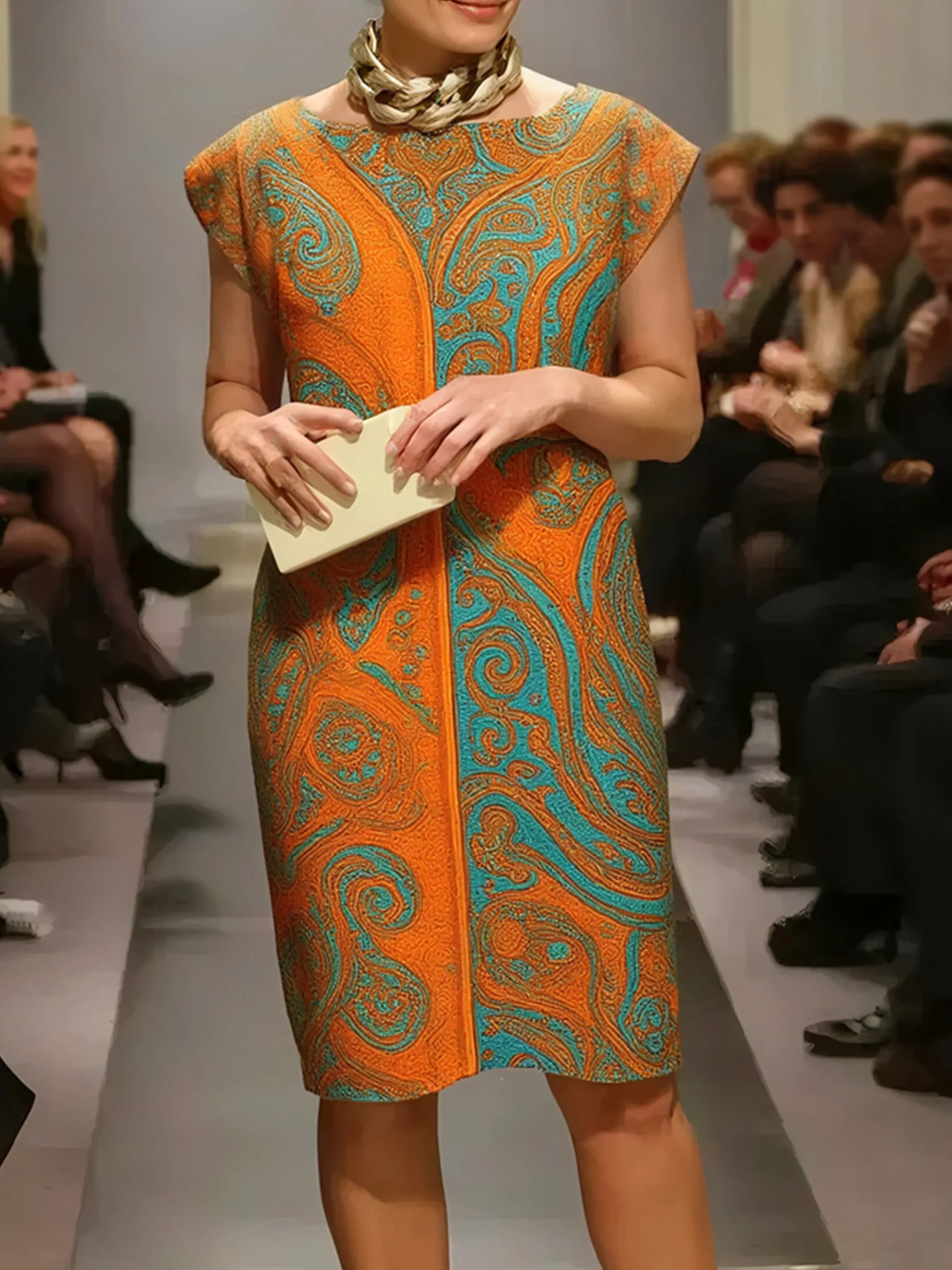 Elegant Paisley Printing Crew Neck Knee Length Dress