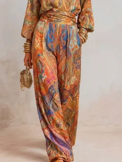 Elegant Paisley Wide Leg Pants H-Line Natural Vacation Trousers