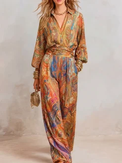 Elegant Paisley Wide Leg Pants H-Line Natural Vacation Trousers