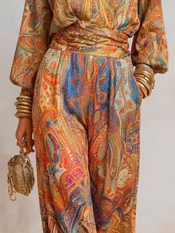 Elegant Paisley Wide Leg Pants H-Line Natural Vacation Trousers