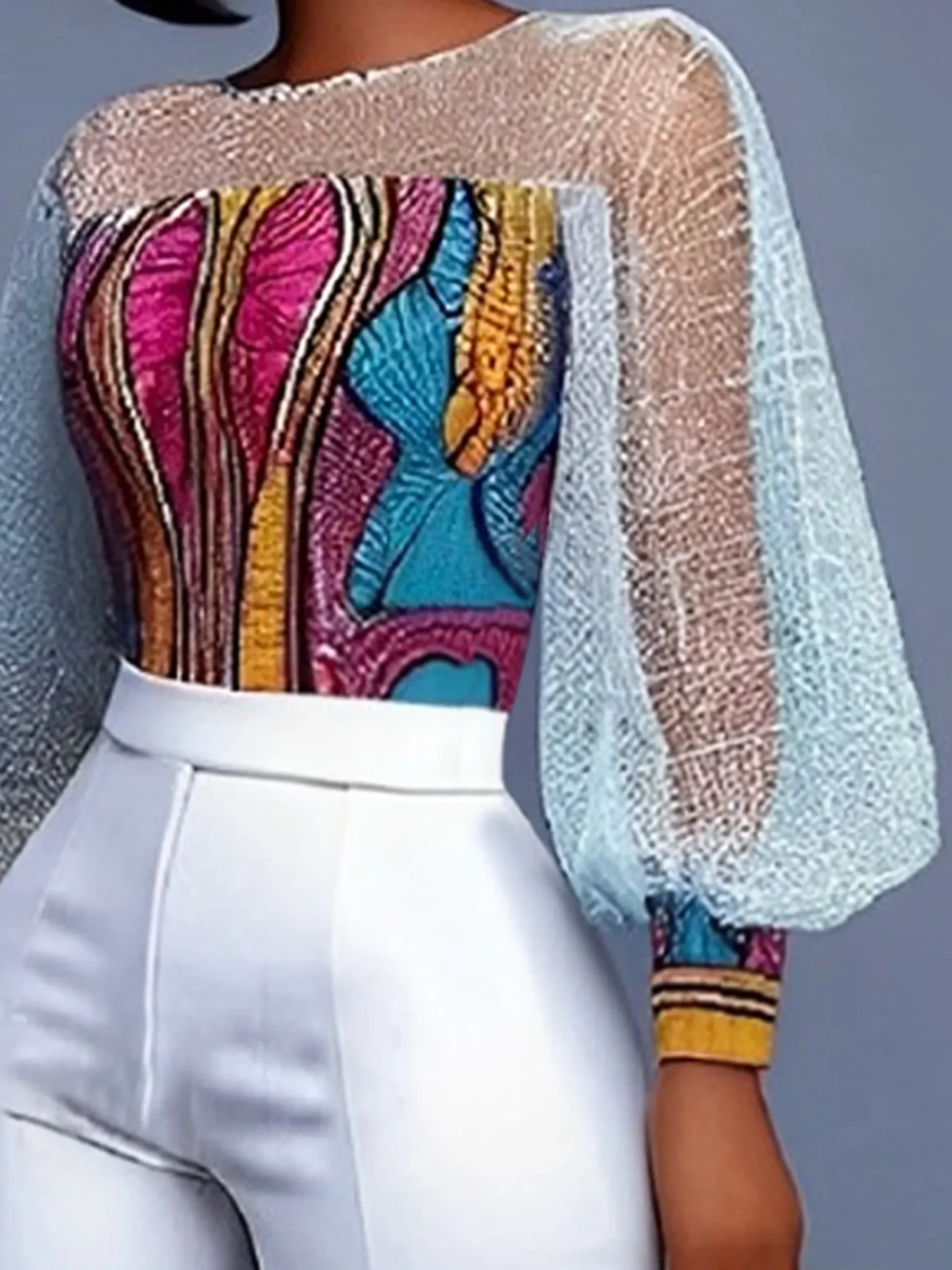 Elegant Patchwork Sheer Mesh Balloon Sleeve Blouse