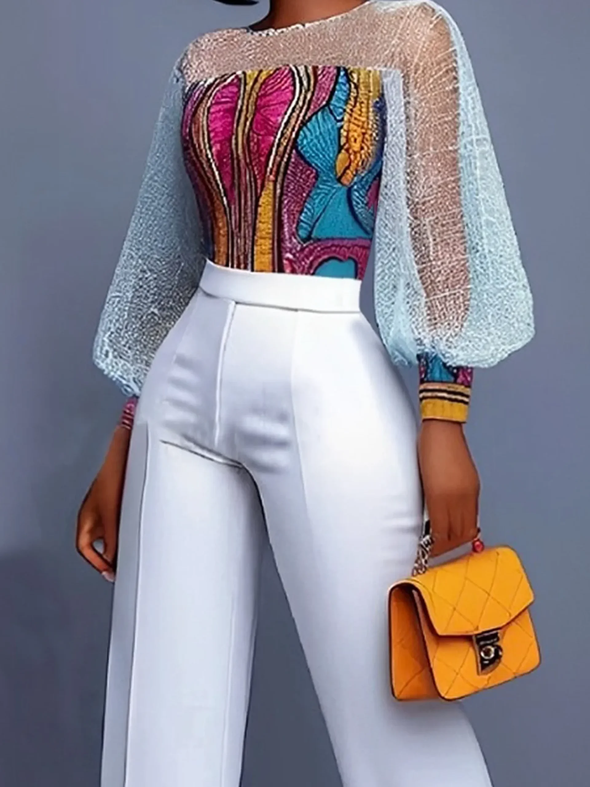 Elegant Patchwork Sheer Mesh Balloon Sleeve Blouse