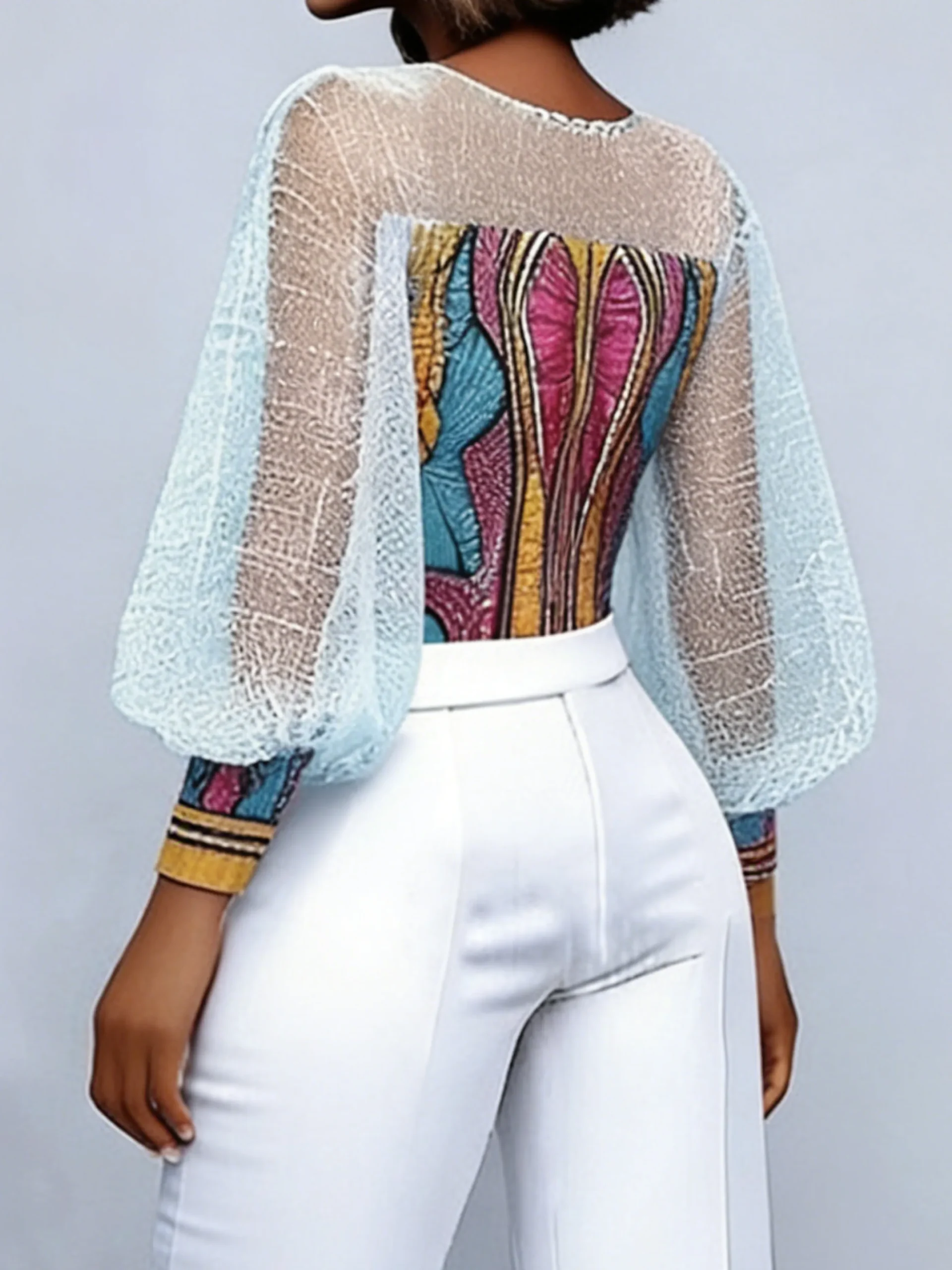 Elegant Patchwork Sheer Mesh Balloon Sleeve Blouse