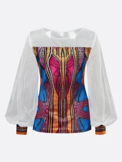 Elegant Patchwork Sheer Mesh Balloon Sleeve Blouse