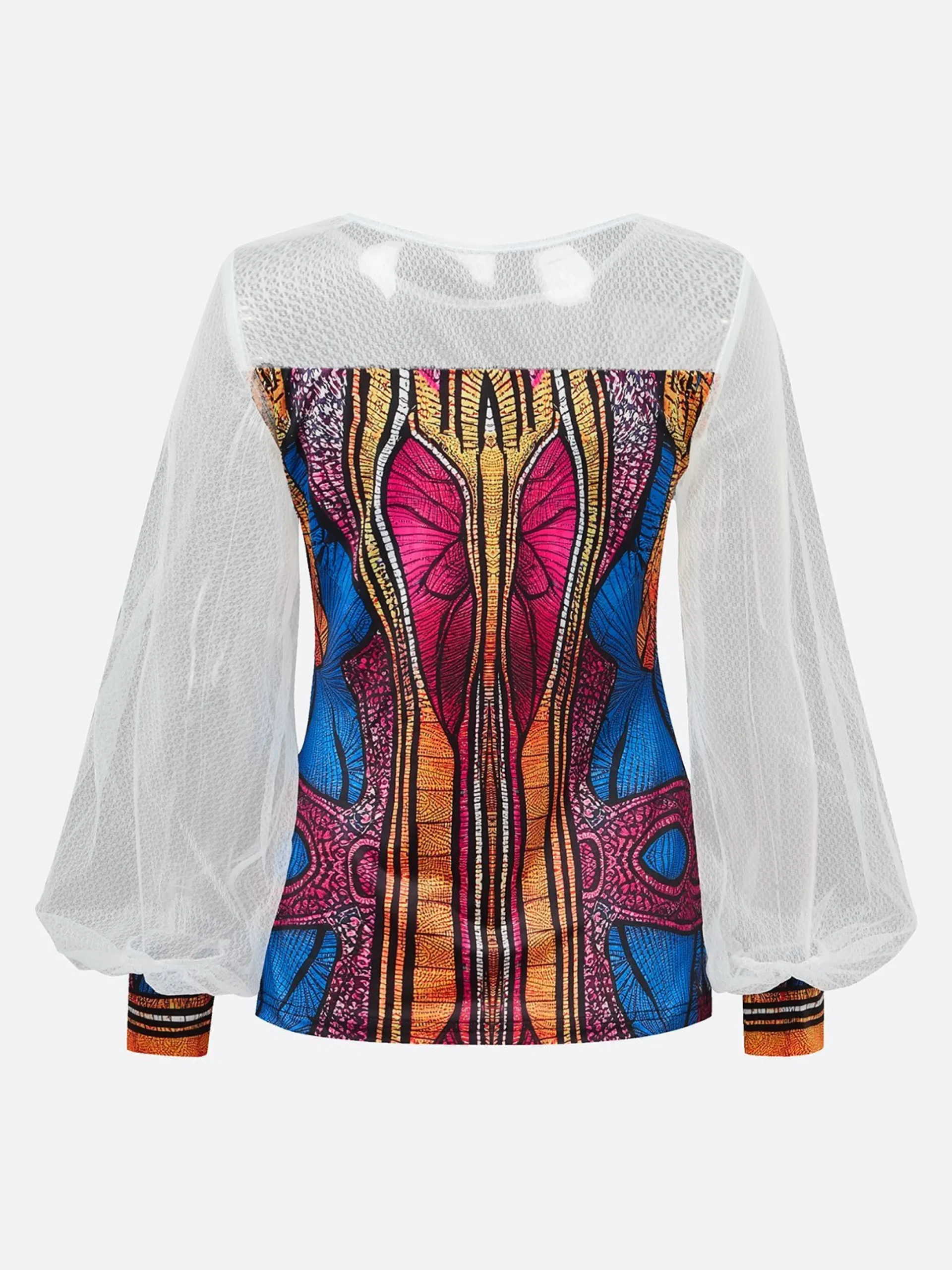 Elegant Patchwork Sheer Mesh Balloon Sleeve Blouse