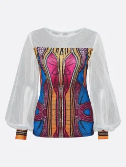 Elegant Patchwork Sheer Mesh Balloon Sleeve Blouse