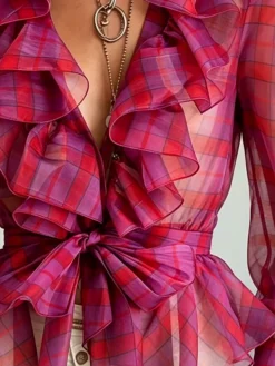 Elegant Plaid Printing Lotus Leaf Collar Blouse