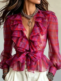 Elegant Plaid Printing Lotus Leaf Collar Blouse