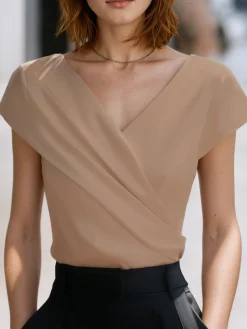 Elegant Plain Asymmetric Cross Neck T-shirt