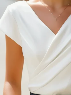 Elegant Plain Asymmetric Cross Neck T-shirt