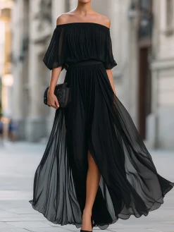Elegant Plain Balloon Sleeve Off The Shoulder Maxi Dress