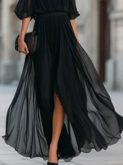 Elegant Plain Balloon Sleeve Off The Shoulder Maxi Dress