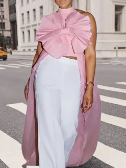 Elegant Plain Bow Halter Neck Blouse