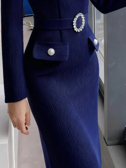 Elegant Plain Bow Sweater Knee Length Dress