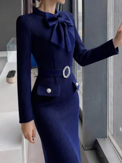 Elegant Plain Bow Sweater Knee Length Dress