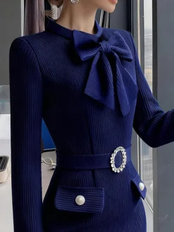 Elegant Plain Bow Sweater Knee Length Dress