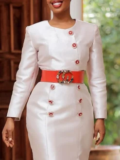 Elegant Plain Buttoned Crew Neck Knee Length Dress With Belt