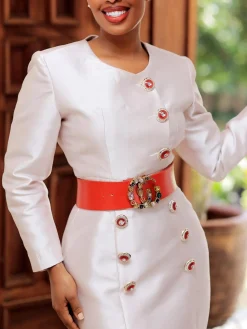 Elegant Plain Buttoned Crew Neck Knee Length Dress With Belt
