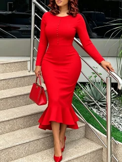 Elegant Plain Buttoned Crew Neck Maxi Dress
