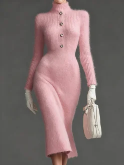 Elegant Plain Buttoned Turtleneck Sweater Knee Length Dress No Belt