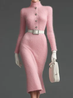 Elegant Plain Buttoned Turtleneck Sweater Knee Length Dress No Belt