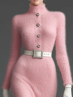 Elegant Plain Buttoned Turtleneck Sweater Knee Length Dress No Belt