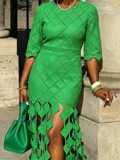 Elegant Plain Crew Neck Maxi Dress