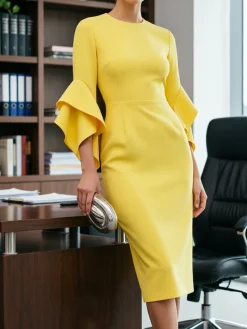 Elegant Plain Crew Neck Midi Dress