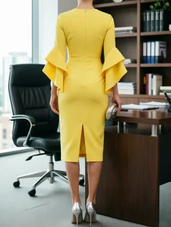 Elegant Plain Crew Neck Midi Dress