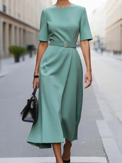 Elegant Plain Crew Neck Midi Dress With Belt