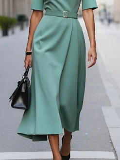 Elegant Plain Crew Neck Midi Dress With Belt